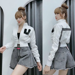 Áo khoác nữ phi form lửng 2 lớp thêu Chữ U cá tính Áo khoác croptop chống nắng