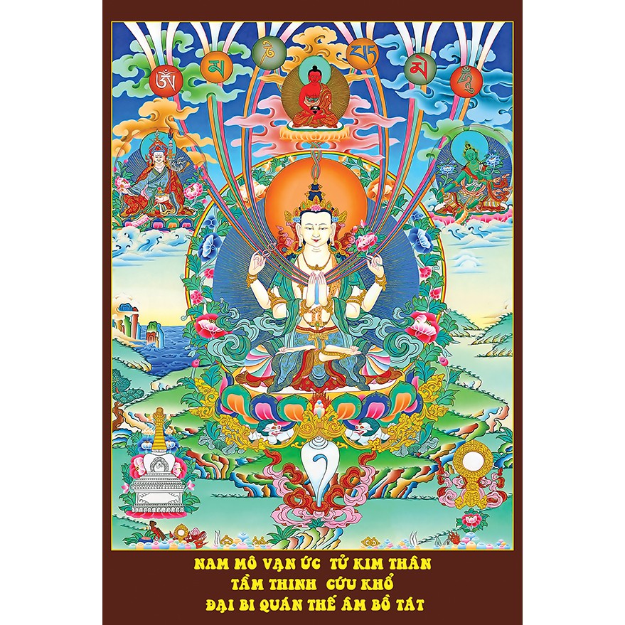 Tranh Thangka gỗ treo tường, tranh mật tông Tara xanh, Tam Thánh, Quan Âm Bồ Tát