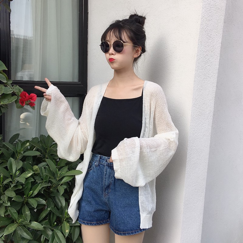 Áo Khoác Cardigan Đi Biển / Áo Khoác Ngoài Len Tăm Ống Tay Rộng