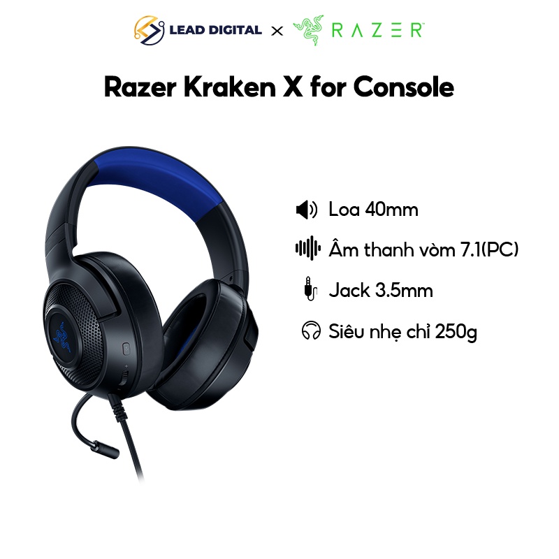 Tai nghe game Có dây Razer Kraken X for Console | Driver 40mm | Âm thanh vòm 7.1 (PC) | Jack 3.5mm | nhẹ 250g