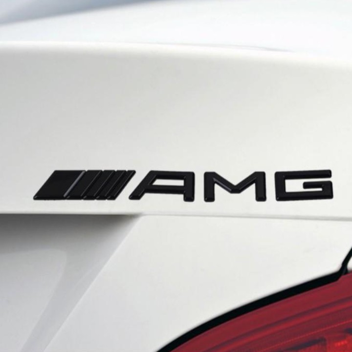 Decal logo 3D hợp kim inox chữ nổi AMG dán xe đuôi ô tô: Màu Đen và Bạc