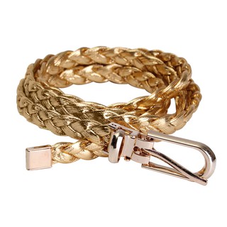 Women Simple Braided PU Leather Narrow Thin Buckle Strap Waist Belt Waistband Colors: Gold