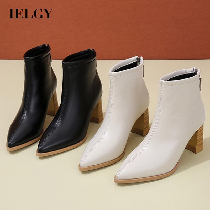 Giày bốt IELGY Martin mũi nhọn gót dày ngắn lưng phối khóa kéo kiểu Hàn Quốc cá tính cho bạn gái