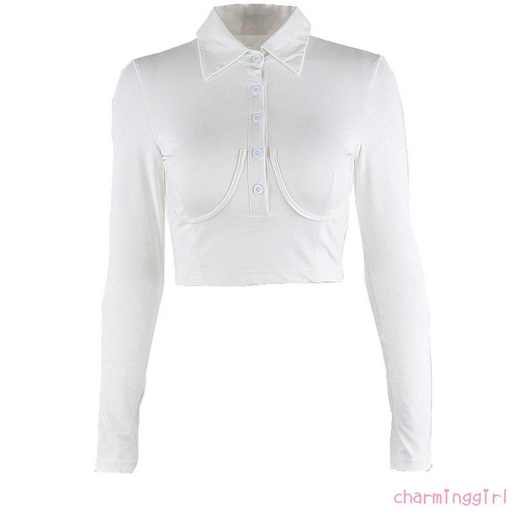 Áo Sơ Mi Thân Ngắn Tay Dài Màu Trơn Cài Một Hàng Khuy Gợi Cảm Cho Phụ Nữ