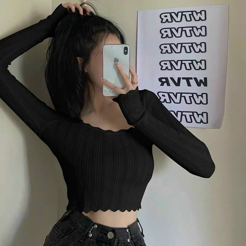 Áo thun gân len cổ V viền bèo tiểu thư NY alohashop91