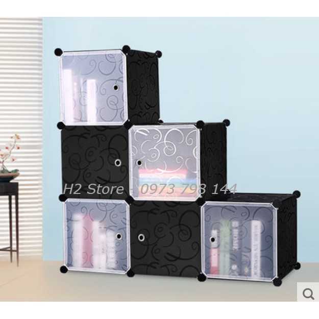 TỦ TRANG TRÍ THÔNG MINH ĐỂ ĐỒ ĐA NĂNG 6 Ô CỬA ĐEN TRONG VÁCH ĐEN GIÁ RẺ sâu 47cm