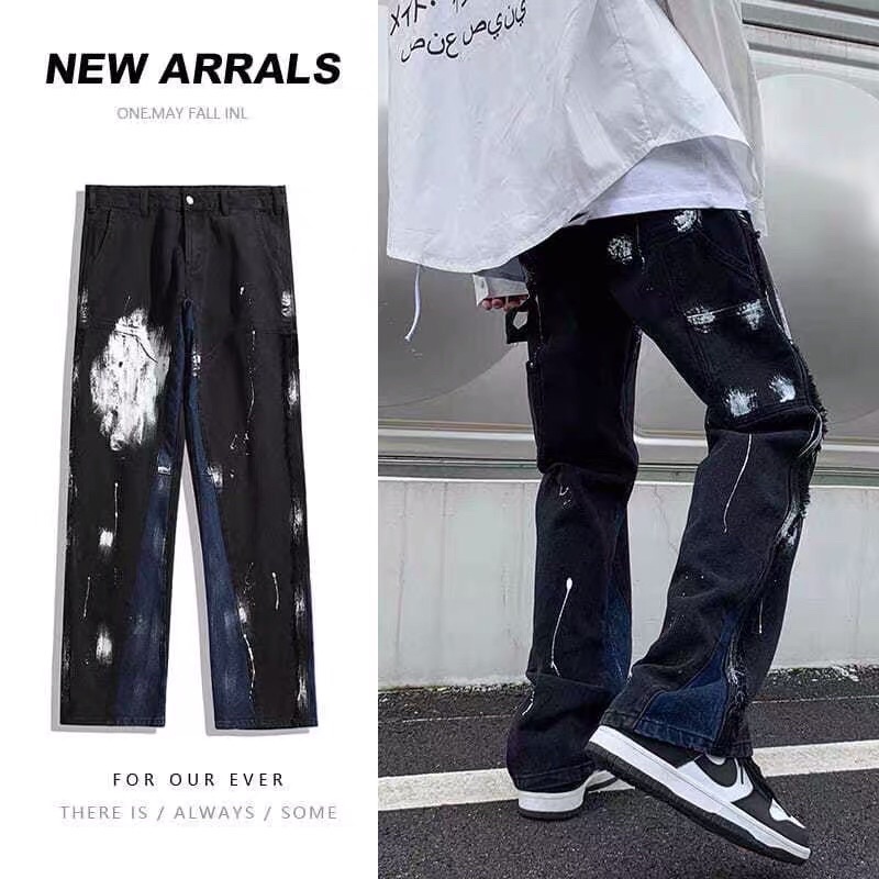 Quần bò jeans ống rộng phối màu xanh đen vảy sơn hiphop siêu chất ❤️