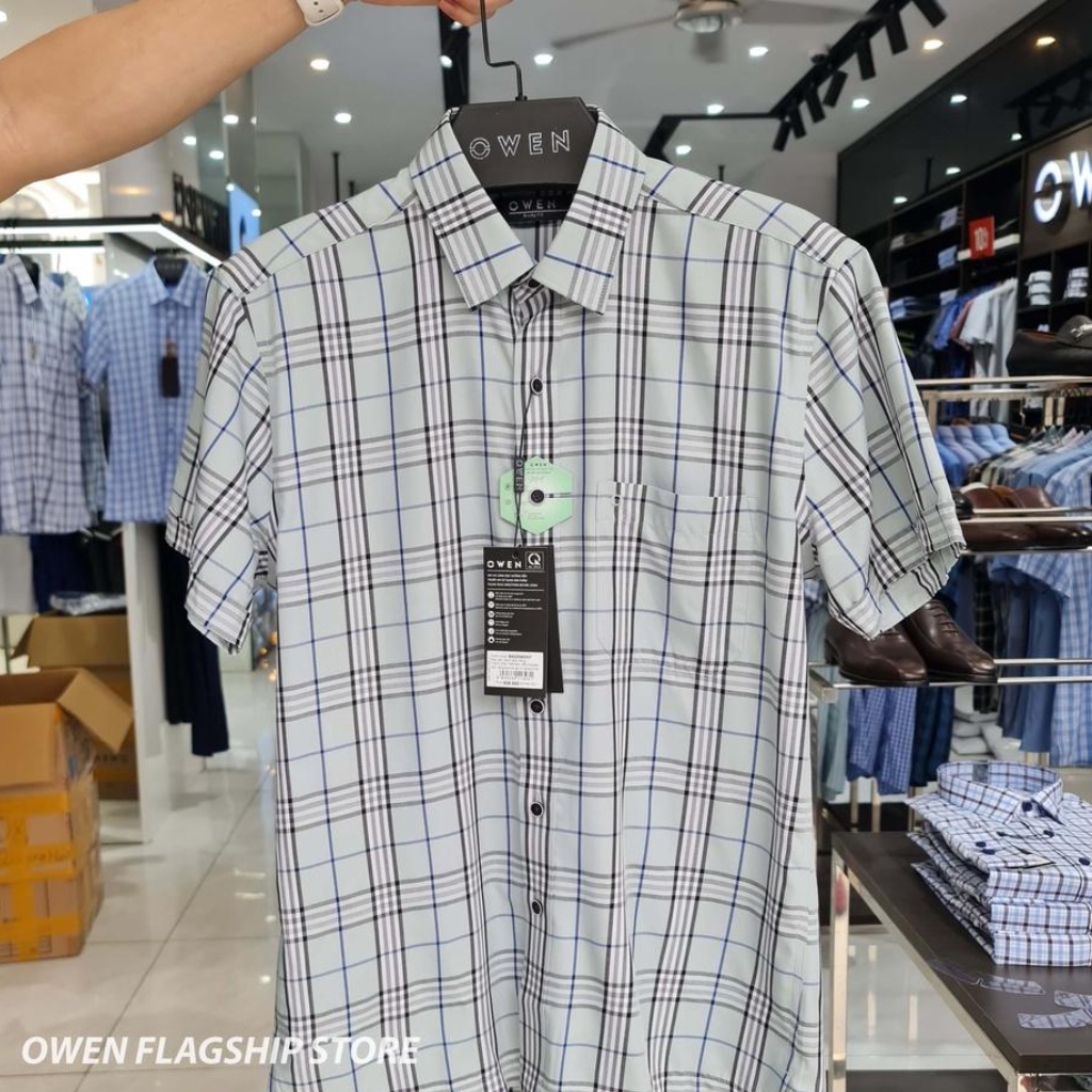 Áo sơ mi nam ngắn tay OWEN BA220403NT công sở vải bạc hà cao cấp màu caro xanh đen trắng dáng suông tà bằng có túi