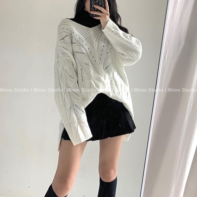 Áo len trăngs cổ V -Váy nhung xếp li