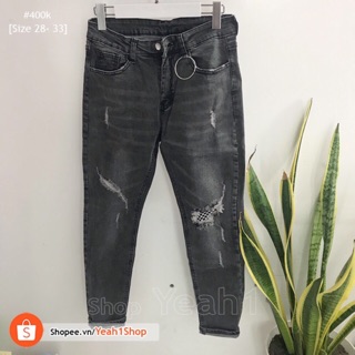 - Quần rách gối caro xám đen 48