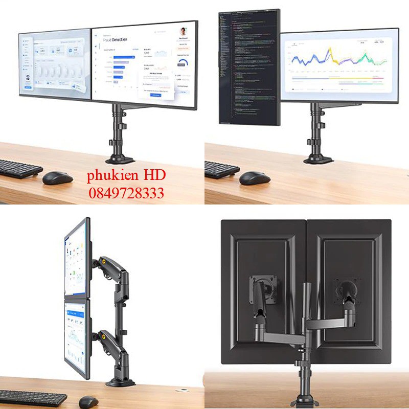 Xếp Màn Trên Dưới Giá Treo 2 Màn Hình NB H180 22-32 Inch Gắn Bàn Xoay 360 Độ