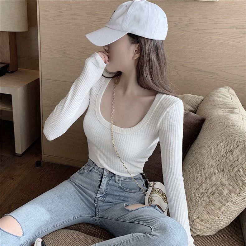 Áo thun COZOK tay dài dáng ôm cổ chữ U quyến rũ trẻ trung cho bạn gái