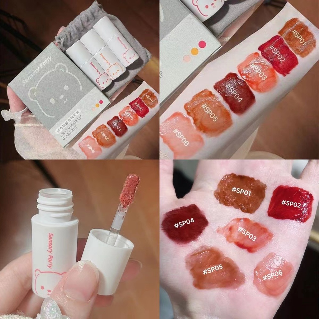 Set 3 Son Bóng Dưỡng Ẩm Lâu Trôi Chống Thấm Nước Thiết Kế Hình Chú Gấu Dễ Thương