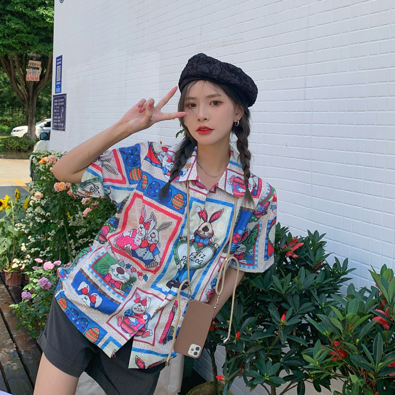 Áo Sơ Mi Nữ Tay Ngắn Hình Thỏ Phong Cách Retro Xinh Xắn