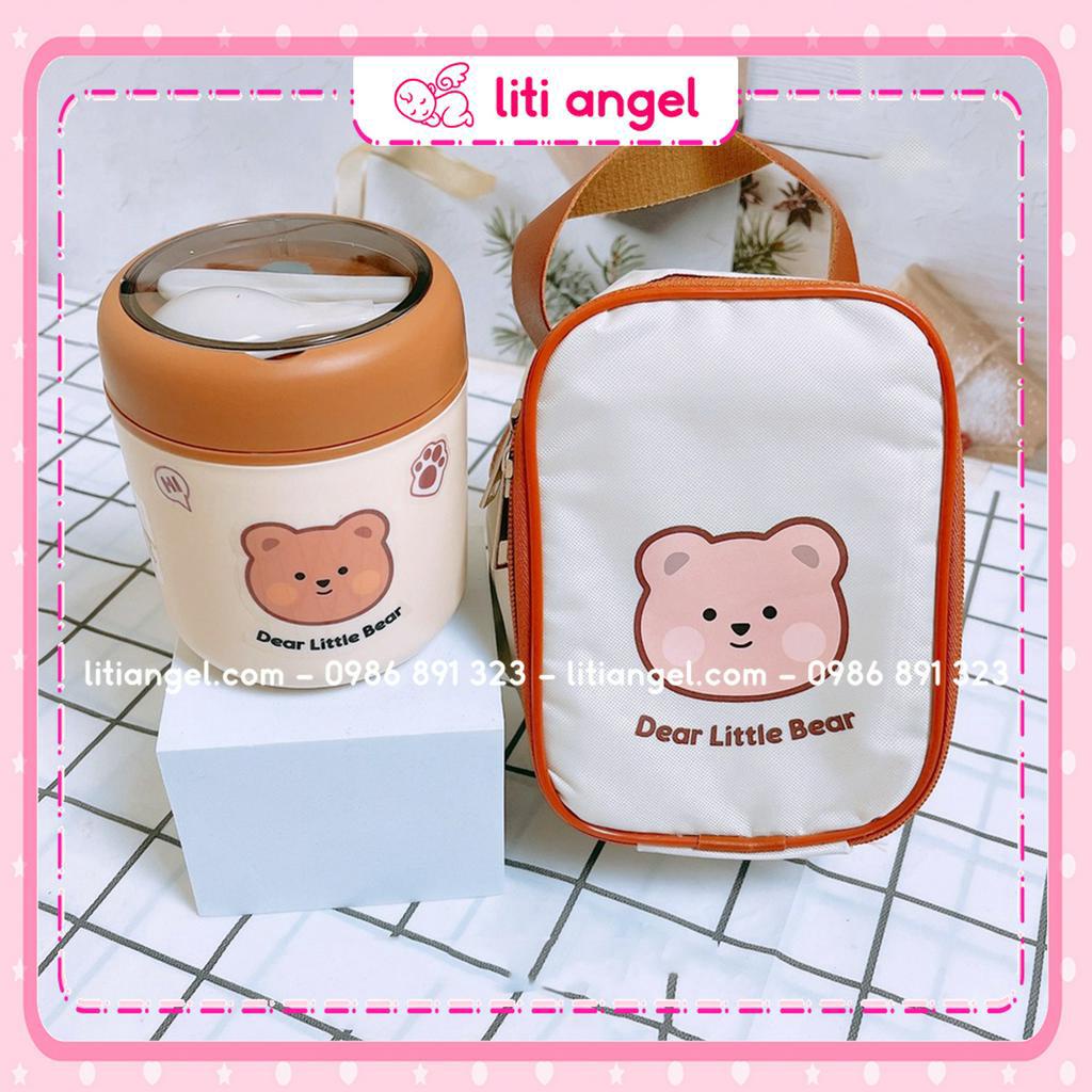 Bình ủ cháo inox hình Gấu kèm túi giữ nhiệt siêu xinh cho mẹ và bé