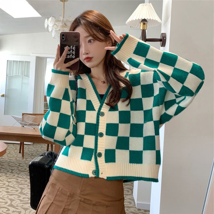 Áo khoác cardigan len dáng rộng croptop kẻ caro phong cách Hàn Quốc trẻ trung chất len mềm mịn