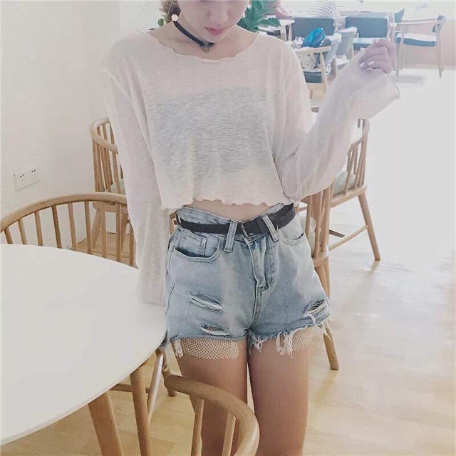 [sẵn kem ] Áo croptop ren mỏng / áo crop tay dài mỏng lưới ulzzang order