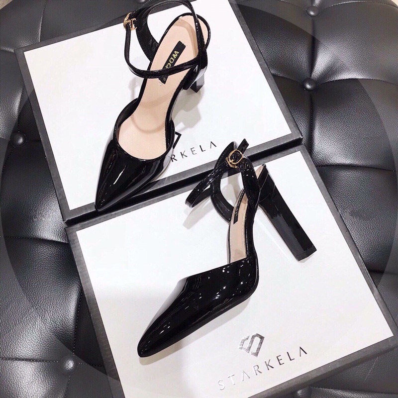 Giày sandal cao gót bít mũi da bóng gót thanh xuất hàn 8cm