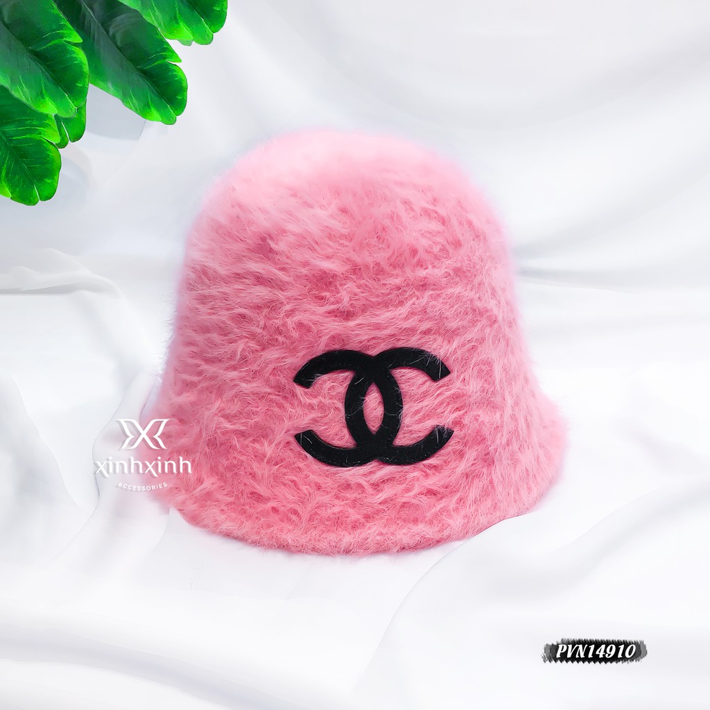 Mũ lông, nón nữ vành tròn đính chữ C lồng bằng da cao cấp - Xinh Xinh Accessories