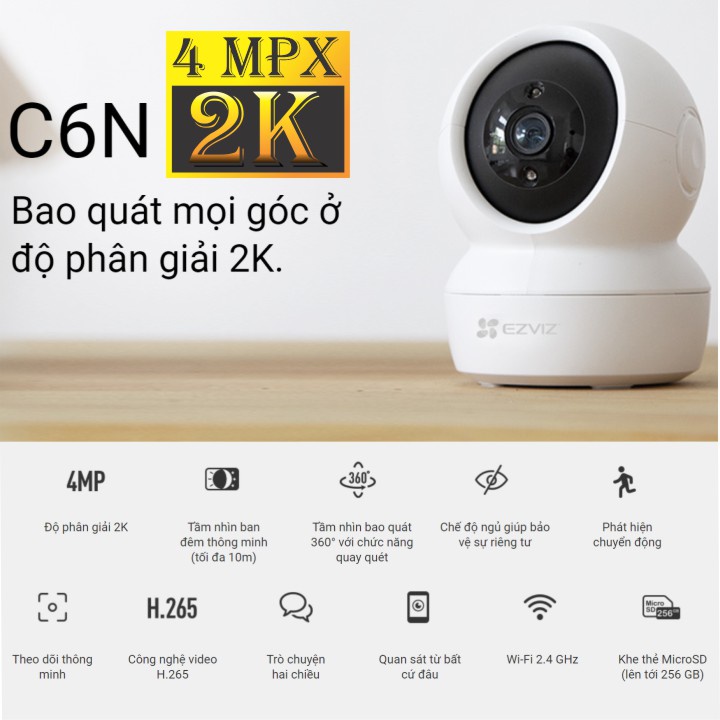 Camera Wifi Xoay 360 Ezviz C6N 1080P 2MP, C6N 2K 4MP - Hàng chính hãng, bảo hành 24 tháng