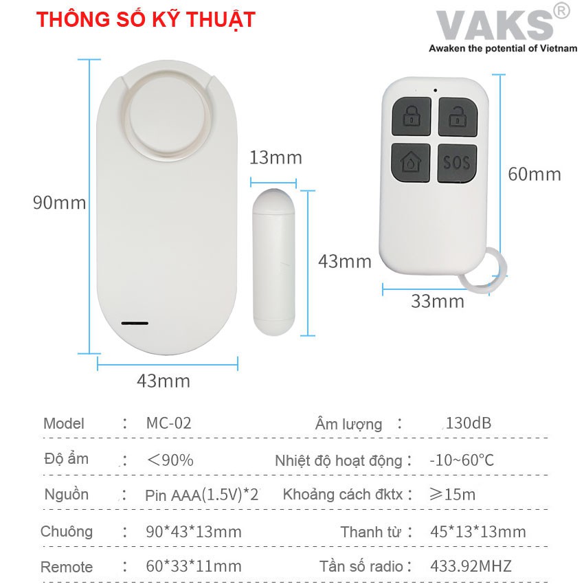 Thiết Bị Báo Khách - Báo trộm MC-02, Cửa Từ không dây lắp cửa có remte điều khiển từ xa, kết nối thông minh, 130dB