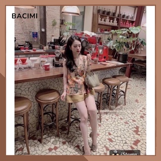 Set áo hoa lụa cổ vuông zara mix quần đùi cực xinh, cực sang chảnh mặc mát, tôn dáng bacimi
