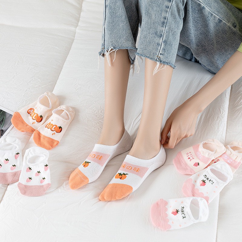 Set 5 Đôi Tất Nữ Cổ Ngắn Đi Hài Họa Tiết Dâu Cam Dễ Thương