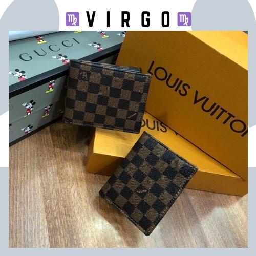Ví Da Nam giá rẻ nhiều ngăn GC,LV kẻ caro, Hoa nâu trẻ trung thời trang fullbox