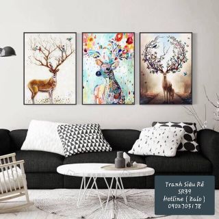 Bộ 3 tranh canvas hình hươu sắc màu ,  may mắn đang hot nhất thị trường, 40CM x 60CM x 3 tấm ( KÈM KHUNG TRANH) SR39