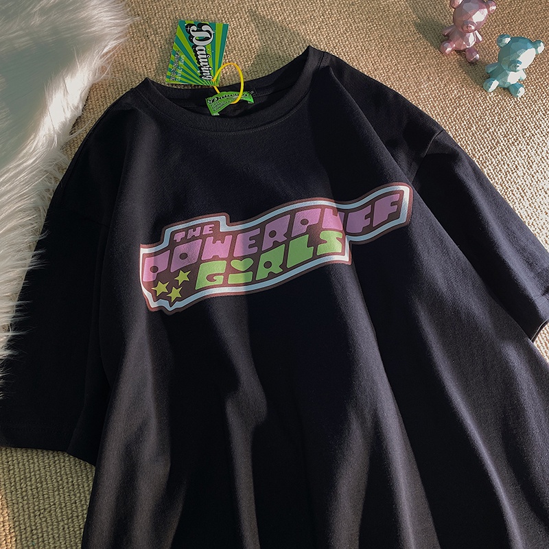 Áo thun Fashmily 100% cotton tay ngắn dáng suông in họa tiết hoạt hình phong cách harajuku Nhật Bản thời trang cho nữ