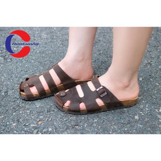 Dép sandal bít mũi da bò đế trấu