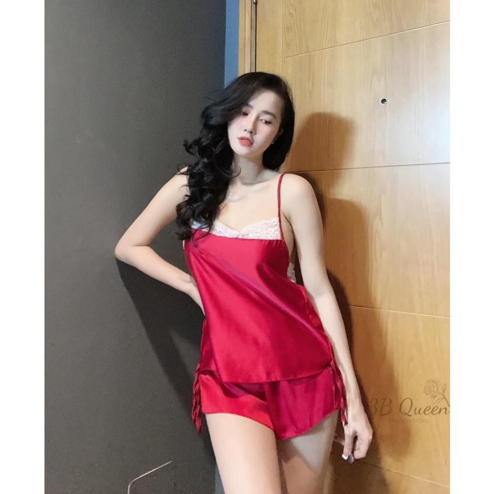 Set bộ 2 dây phối ren kèm quần xẻ đùi, đồ ngủ chất liệu SATIN cao cấp loại 1, mềm mịn mát | BigBuy360 - bigbuy360.vn