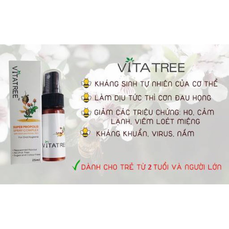 Xịt keo ong Vitatree Super Propolis Spray complex with Honey 25ml chăm sóc bé từ 24 tháng tuổi