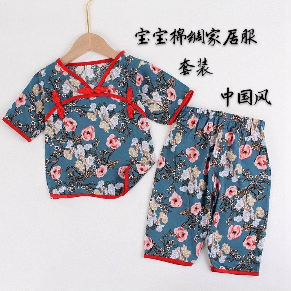Bộ đồ mặc nhà bằng lụa cotton cho bé gái Hán phục ngủ mẫu mỏng quần ngắn tay kiểu Trung Quốc áo trẻ em