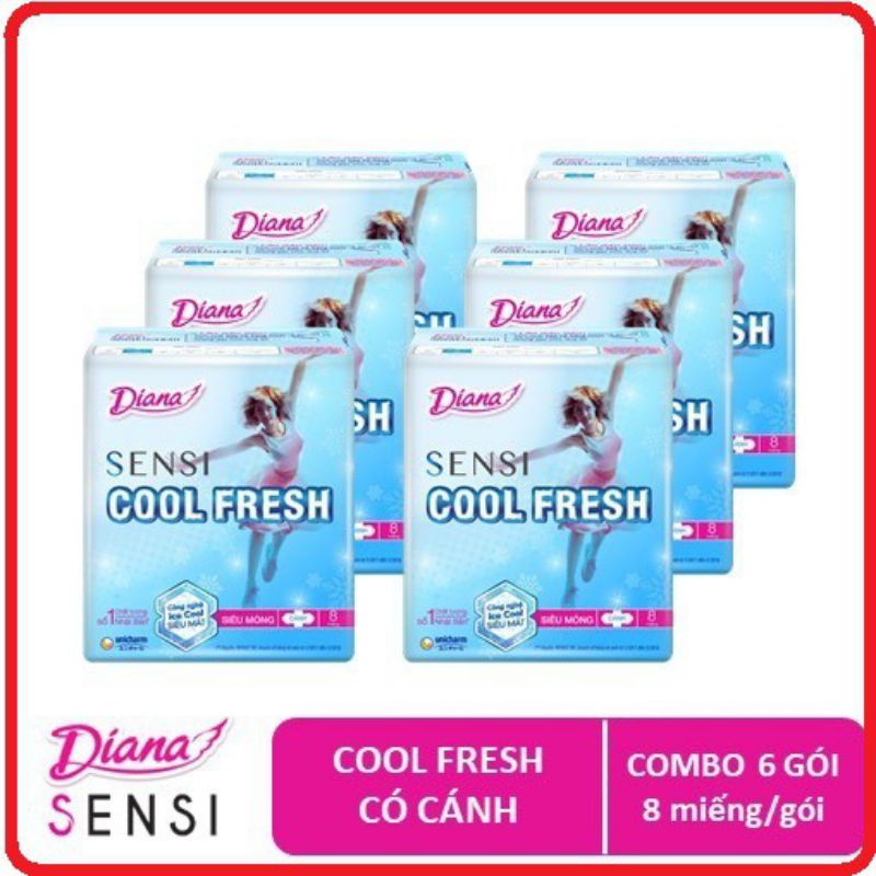 Lốc 6 Gói Băng vệ sinh Diana SenSi Cool Fresh Siêu Mỏng (8 miếng)