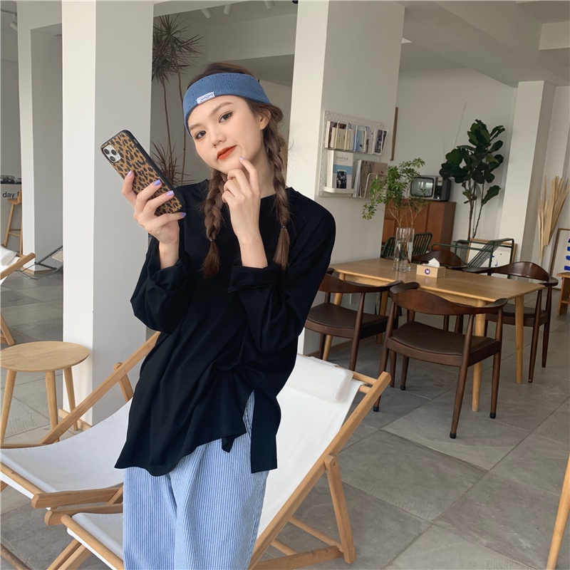 Áo thun tay dài cổ tròn màu trơn thiết kế xẻ tà đơn giản thời trang