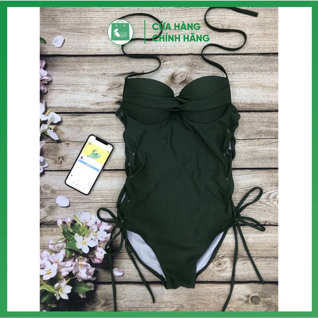 Bikini liền thân dập nút eo xanh rêu- Siêu tôn dáng, tôn da