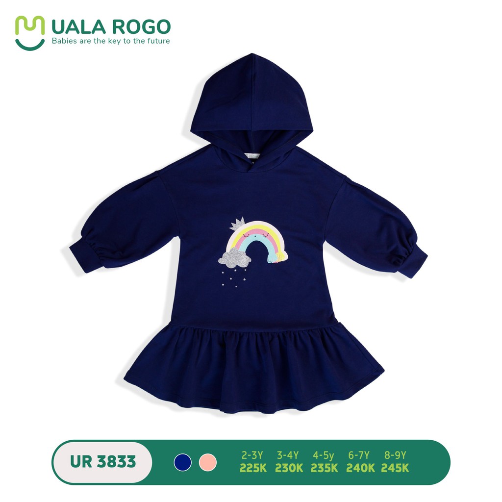 Áo váy nỉ có mũ hoodie cầu vồng bé gái cao cấp UalaRogo 3833