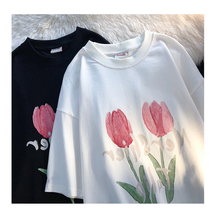 Áo Thun Ngắn Tay In Hình Hoa Tulip Phong Cách Nhật Bản