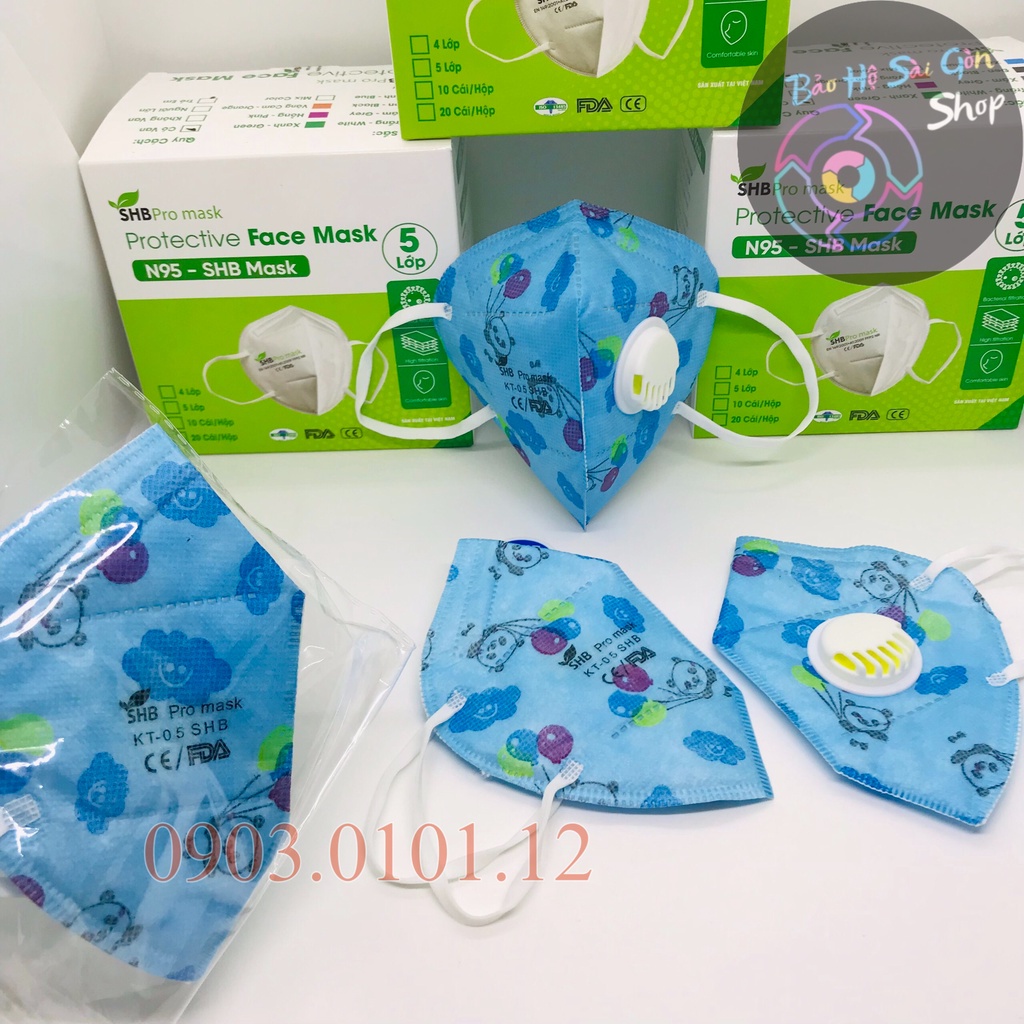 Khẩu trang n95 trẻ em có van thở SHB pro mask chính hãng hộp 10 cái, Kn95 em bé cao cấp chuẩn FFP2