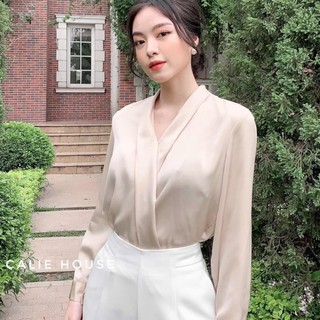 Áo sơ mi lụa cổ V nẹp dài tay - áo sơ mi công sở