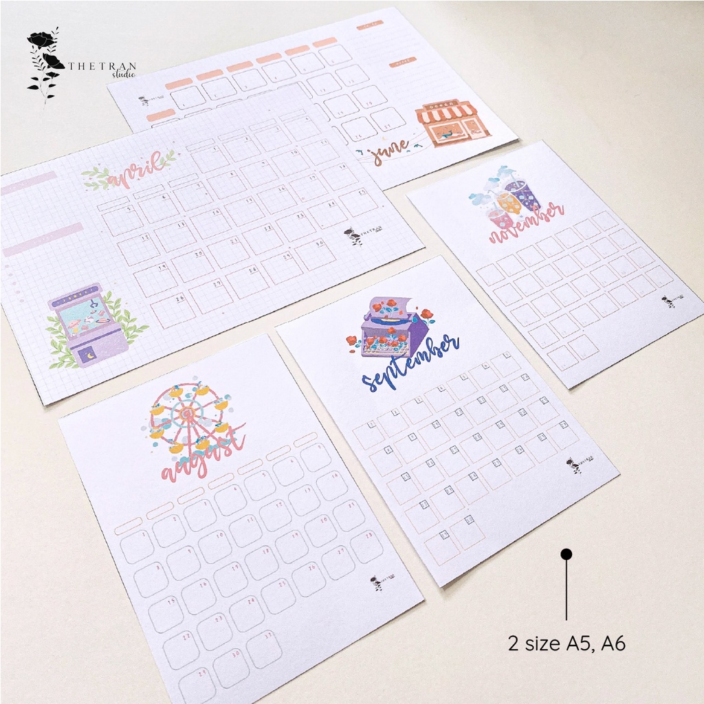 Bộ 12 tờ lịch kế hoạch hàng ngày 12 tháng dùng cho tất cả các năm A5, A6 / fantasy calendar / thetranstudio