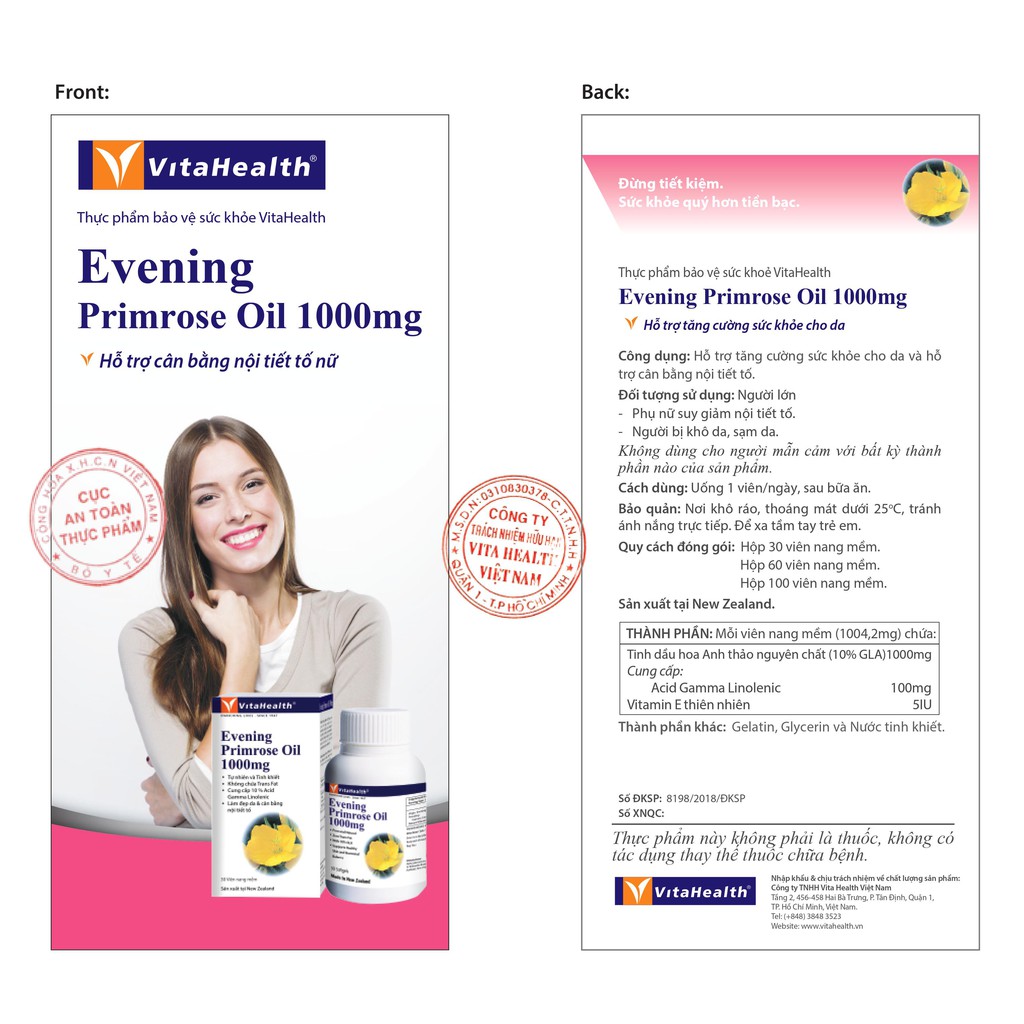 Viên Uống Đẹp Da Tinh Dầu Hoa Anh Thảo Vitahealth Evening Primrose Oil New Zealand 1000Mg (60 vien)