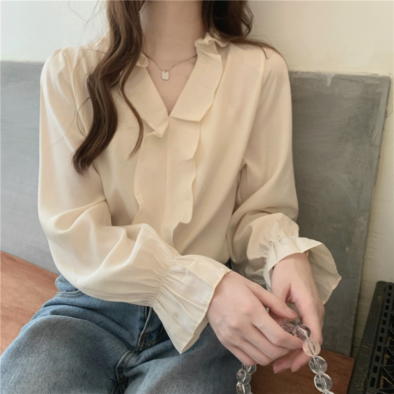 Áo Sơ Mi Chiffon Tay Dài Cổ Chữ V Phối Bèo Dễ Phối Đồ Thời Trang 49822