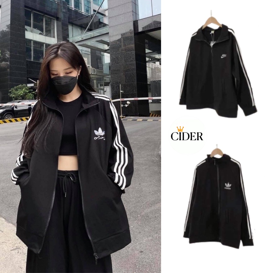 Áo Khoác BomBer Form Rộng Nam Nữ Sọc Tay Áo Nỉ Khoá Kéo Giữa Màu Đen A.didass/N.ike