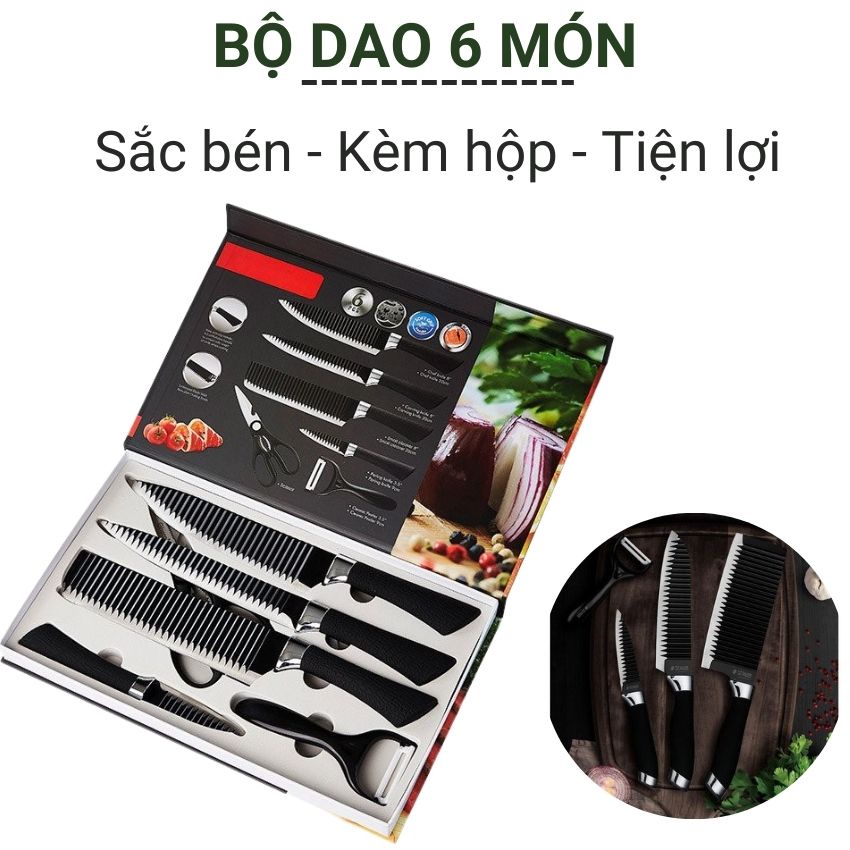 Bộ dao Nhật làm bếp 6 món siêu sắc lưỡi dạng gợn sóng chất liệu hợp kim chống gỉ thiết kế sang trọng kèm hộp Angola