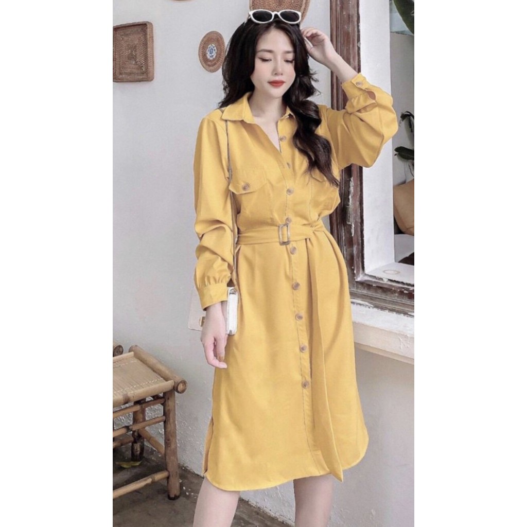 Váy bầu thời trang thiết kế sơ mi hàng cúc thật M156 chất lụa hàn châu freesize từ 45 đến 70kg