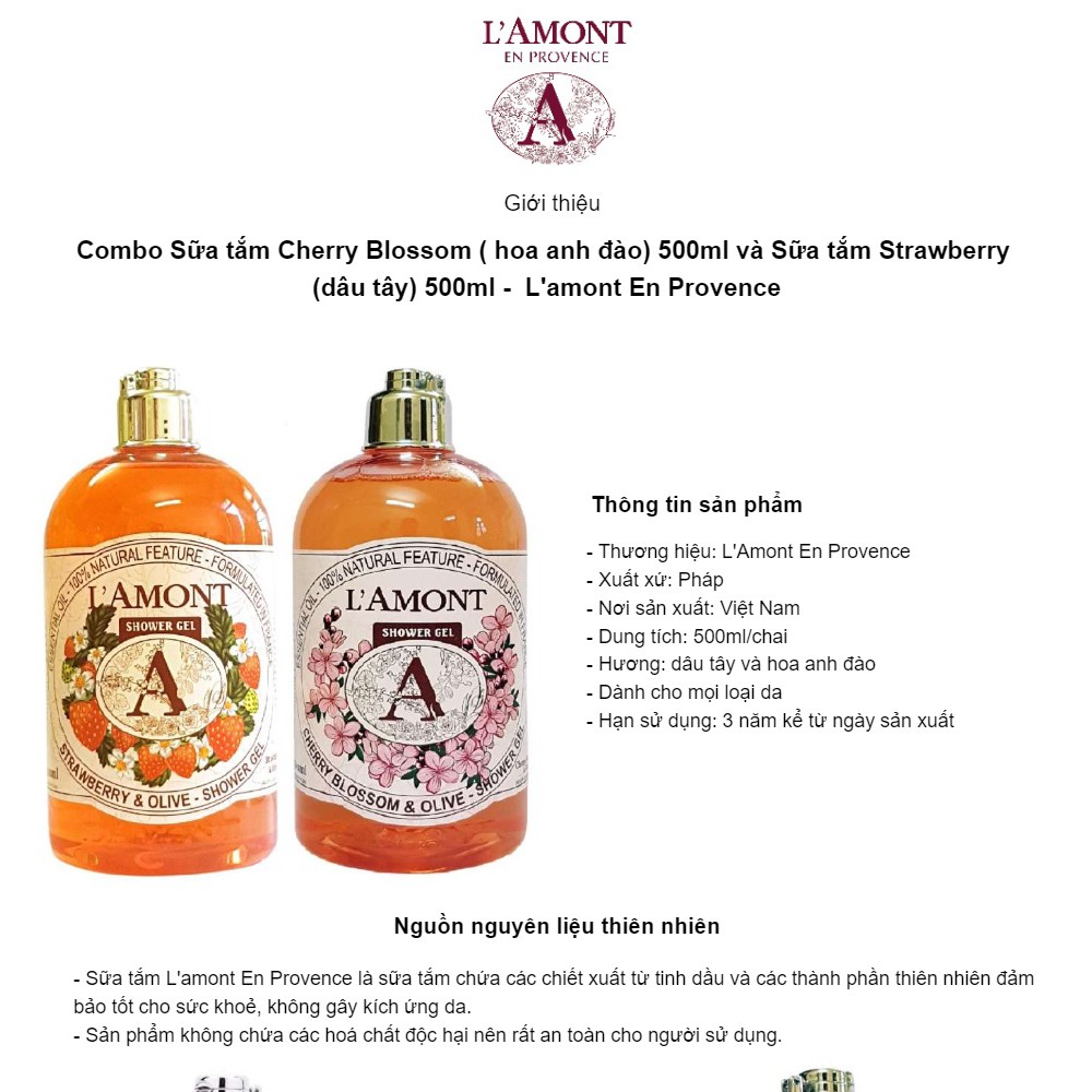 Combo Sữa tắm Cherry Blossom ( hoa anh đào) 500ml và Sữa tắm Strawberry (dâu tây) 500ml -  L'amont En ProvenceSữa tắm