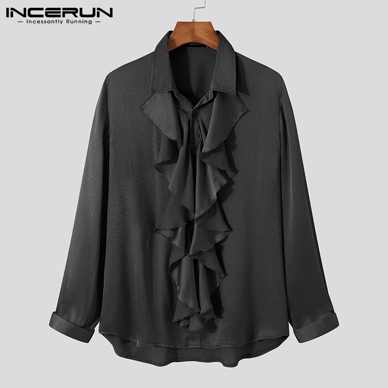 Áo sơ mi Incerun tay dài phối bèo màu trơn thời trang sang trọng thích hợp cho nam