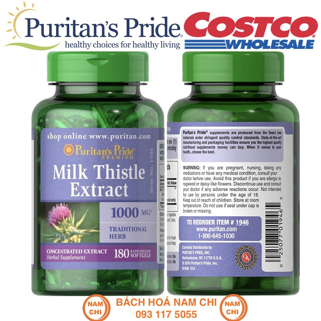 Viên Uống Bổ Gan Giải Độc Gan (Tinh Chất Kế Sữa) Puritan's Pride Milk Thistle 1000mg 180 Viên (Hàng Chuẩn Mỹ Có Bill)